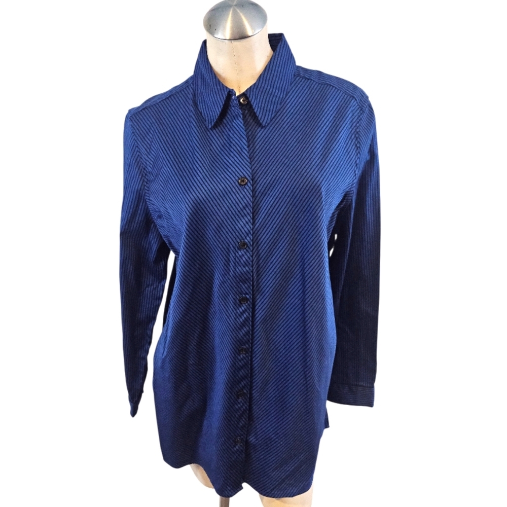 Chico's Size 2 / L Button Down Shirt Blue Black Striped